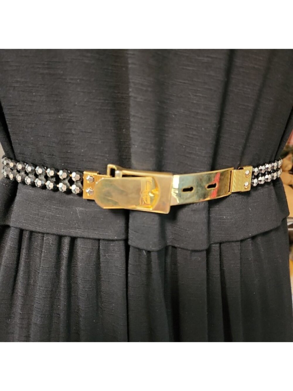 Vintage Black Beaded Belt Gold Buckle Fits 27-29"